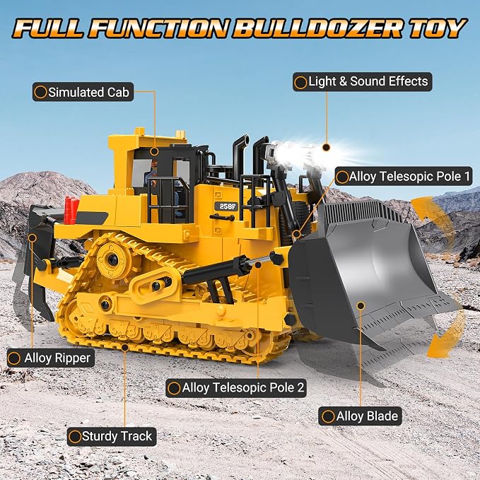 RC Bulldozer Toy for Boys, Remote Control Play Bulldozer Construction Vehicles, 9CH 2.4Ghz Track Type Tractor Dozer with Metal Blade & Light, Truck Toys for Kids 3-12 Year Old Christmas Birthday Gifts