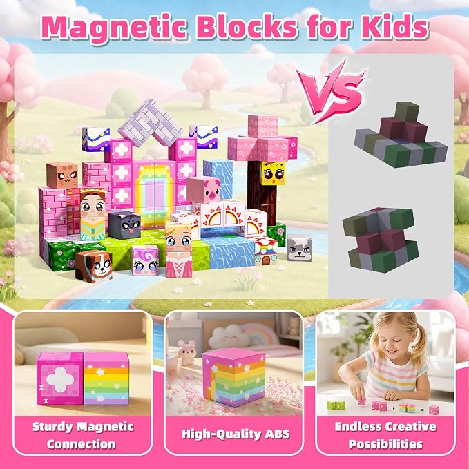 100PCS Magnetic Blocks, Magnetic Building Cube Set for Kids Ages 3+, Constructions STEM Stacking Tiles Toy Building Birthday Gifts for Girls
