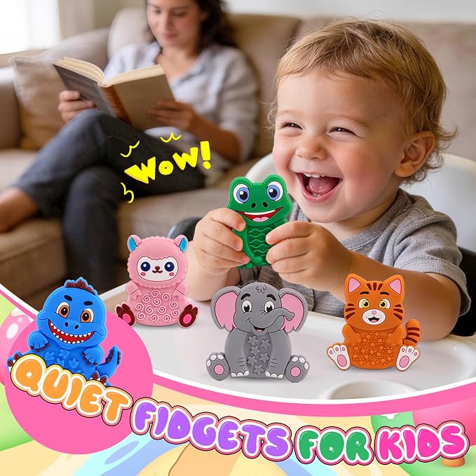 12 Pack Animal Texture Sensory Toys for Kids, Toddler Travel Toys for Airplane Car Roadtrip, Silicone Calming Autism Quiet Fidgets for Classroom, Birthday Gifts for Kids Toddlers