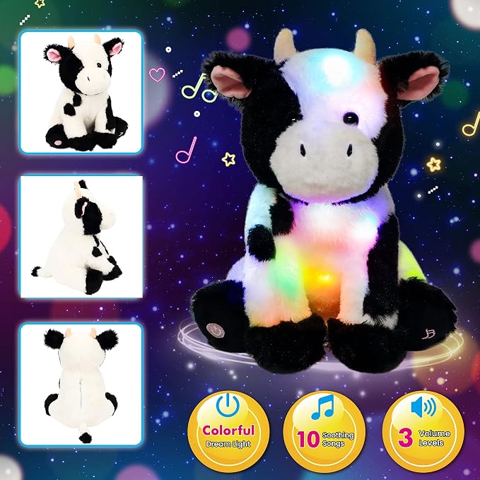 Light-up Singing Plush Cow LED Musical Stuffed Animal Adjustable Volume Lullaby Plushies Birthday Christmas Toy Gifts for Kids Toddler Girls, 13"