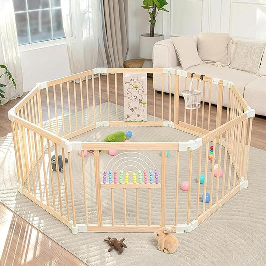 Ulnxiy Wooden Baby Playpen with Montessori Toys, 8-Panel Foldable Wood Play Yard for Toddlers, 56"x56" Large Baby Fence with Safety Lock, CPC Certified Natural Pine Wood Activity Center