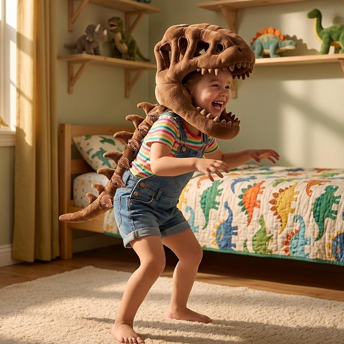 Dinosaur Skeleton Costume, Wearable Spinosaurus Skull Mask & Spine, Silly Dino Skeleton Halloween Costumes Outfit
