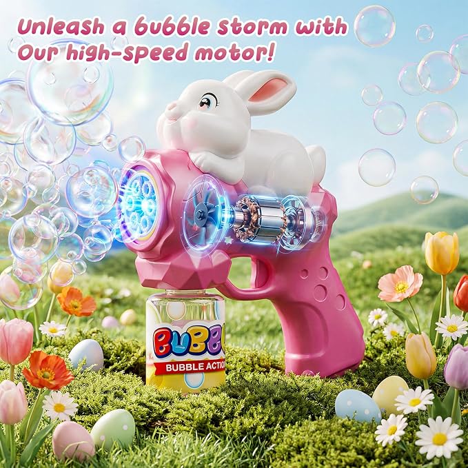 2 Pack Bubble Gun for Kids, Rabbit Bubble Machine for Toddler with LED Lights, 12000+ Bubble/Min, 360° Leak-Proof Bubble Blower Blaster Toy, Outdoor Summer Play, Easter, Wedding & Birthday Gifts