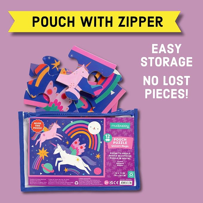 Mudpuppy Unicorn Magic – 12 Piece Puzzle with Reusable Zipper Pouch Featuring Colorful and Fun Illustrations of Magical Unicorns Perfect for Easy Storage and Travel
