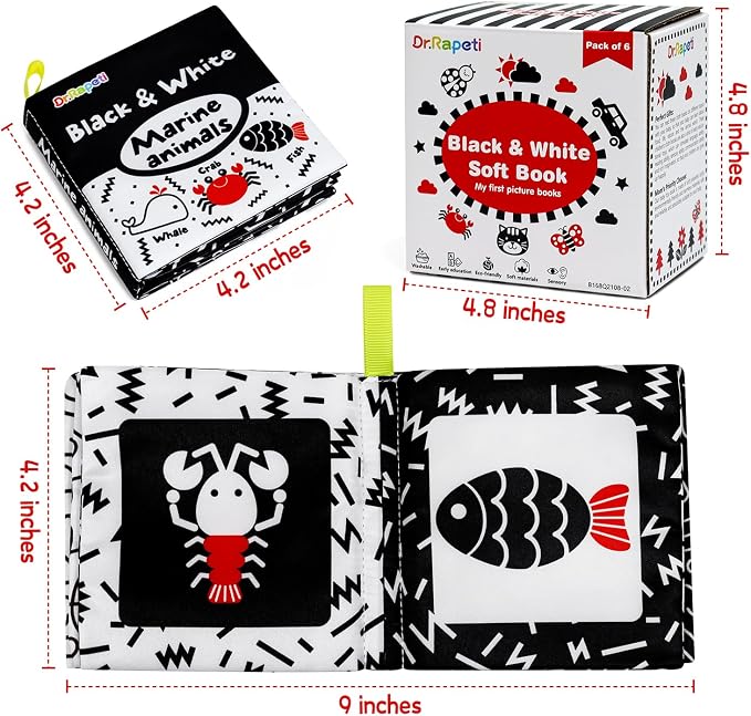 Dr.Rapeti Soft Cloth Books Baby Books Bath Books 6-Pack for Baby Infant Toddler Kids High Contrast Black and White Crinkle Washable Chewable Non-Toxic Early Educational Giftable