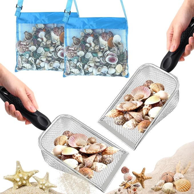 fethwoin 2Pcs Shark Tooth Sifter with 2Pcs Mesh Shell Bags, Beach Sand Sifter, Sea Shell Scooper for Beach, Sand Beach Toys for Kids, Medium, Blue
