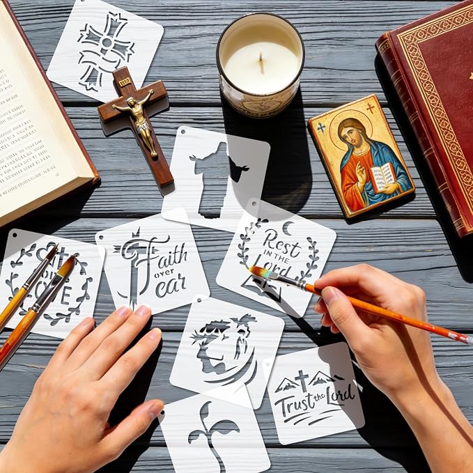 72 PCS 3x3 Inch Religion Christian Stencils for Painting - Religious Jesus Christ Cross Angels God Reusable Painting Templates on Wood, Glass, Fabric, Window Door Decor DIY Decoration