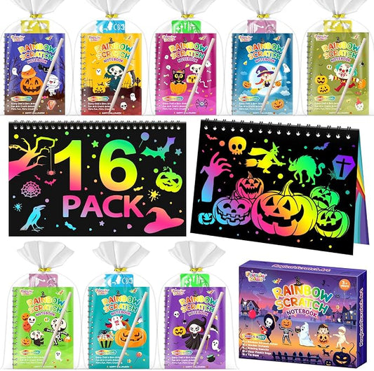 Halloween Scratch Art Party Favors: 16 Pack Rainbow Scratch Notebook Paper Party Favors for Kids Halloween Goodie Bags Stuffers Girls Boys Art Craft Birthday Gifts for Students Classroom