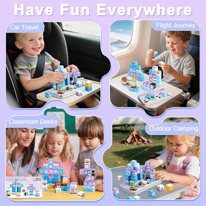 QOUBAI 45PCS Mini Magnetic Blocks Travel Toys, Magnet Building Cubes Tiles Set with Portable Iron Case, Learning Activities Gifts for Kids Toddlers Boys & Girls Ages 3-8 (Ice World)