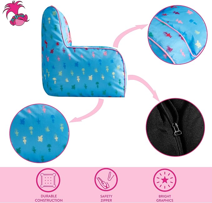 Trolls World Tour Kids Nylon Bean Bag Chair with Piping & Top Carry Handle