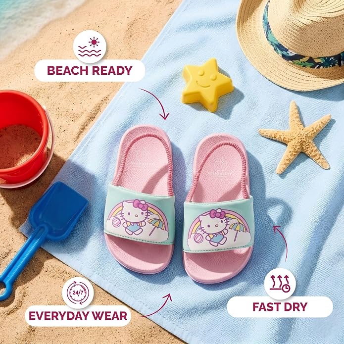 Josmo Gabbys Dollhouse Hello Kitty Slides Open Toe Sandals with Backstrap - Kid Girls Summer Beach Water Pool Shoes (sizes: 5-10 Toddlers / 11-12 Little Kids)