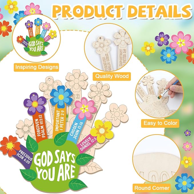 CHUNNIN 12 Set Sunday School Craft Kit 2026 VBS God Says Handprint Flower Craft Christian Wooden Pot Painting Coloring Kit DIY Activities Religious Bible Gift with String for Classroom Church Home