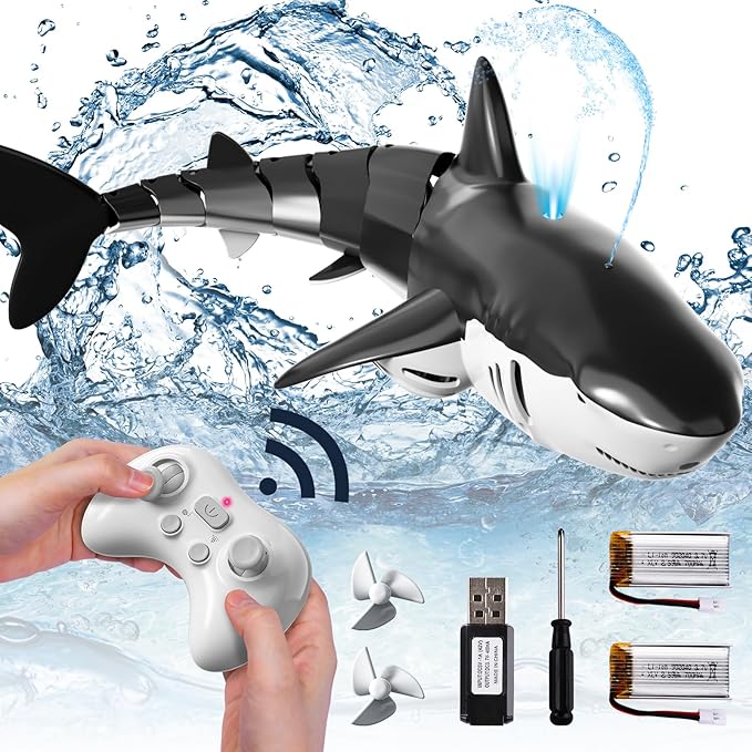 Bennol 2.4Ghz Remote Control Shark Toys for Boys Kids, 1:18 Scale High Simulation Shark for Pool, Electric RC Sharks Fish Toys with Light & Spray Water Function for 6 7 8 9 Year olds Kid Boys