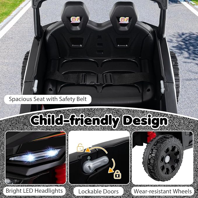 Costzon Kids Ride On UTV Car with Detachable Trailer, 12V Battery Powered Electric Vehicle with Remote Control, 3 Speeds, LED Lights, Music, Horn, Off-Road UTV for Boys & Girls (with Trailer,Black)