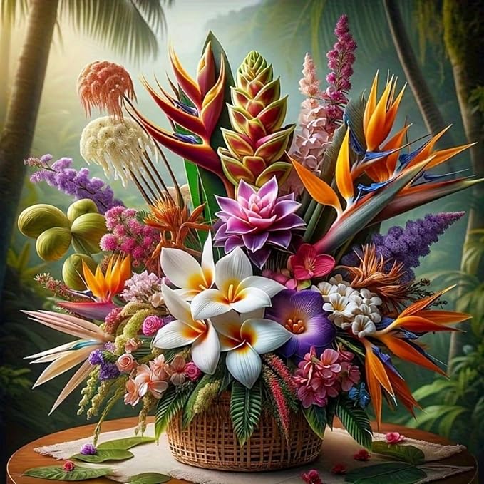 Tropical Flower Bouquet Diamond Painting Kit for Adults, Plumeria Jungle Floral, 5D Full Round Drill Diamond Art Beginners Canvas for Home Wall Decor, DIY Paint by Diamonds Dot Gem Craft13.8x13.8 Inch
