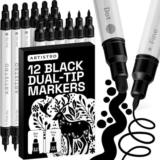 ARTISTRO 12 Black Dual-Tip Acrylic Paint Markers – Paint Pens Set with Dot & Fine Tips for Fabric, Rock, Glass, Wood, Coloring Books – Arts & Crafts Gift – Classroom Must Haves & School Supplies