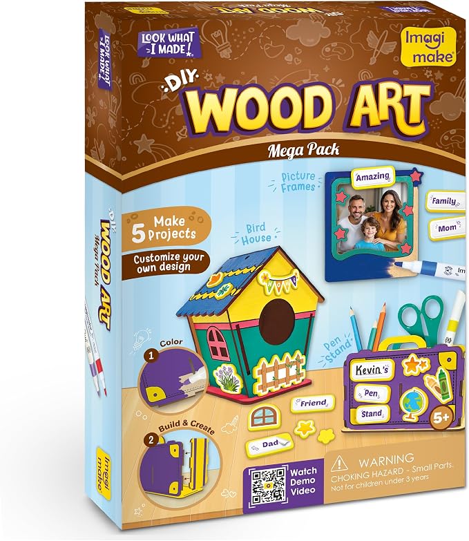Imagimake DIY Wood Art Mega Pack | Build Wooden Bird House, 3 Photo Frames & Pen Stand | Glitter Glue | Painting Crafts for Kids | 100+ Foam Stickers | Boys & Girls Birthday Gifts Age 5,6,7,8,9