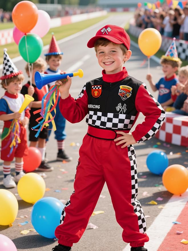 Kids Race Car Driver Costume Boys Girls Racer Jumpsuit With Car Cap Kids Dress Up for Halloween