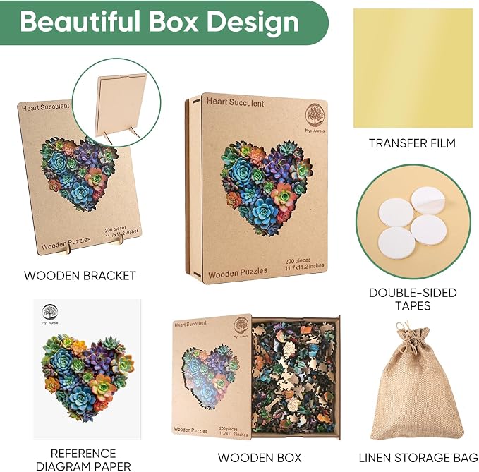 Mys Aurora Heart Puzzle Gifts,FSC Certified, 200 Pieces Succulent Wooden Puzzles for Adults, Unique Shaped Plant Puzzles,Brain Teaser Flower Puzzle Game Medium 11.7'' x 11.2''