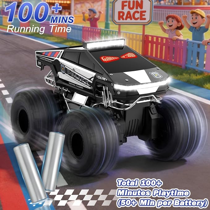 Qrytoi Police Remote Control Car with LED Light Eyes, Waterproof Amphibious Monster RC Car, 2.4GHz 4WD All-Terrain Cyber Truck Toy, Birthday Gift for Kids Ages 6-12