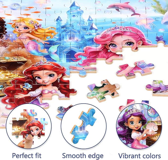 MZZOTOY Mermaid Princess Puzzle for Kids Ages 4-8, 100 Pieces Jigsaw Puzzles for Kids Ages 3-5， Learning Educational Puzzles Toys Great Gift for Boys Girls in a Metal Box