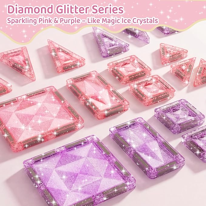 burgkidz Sparkling Glitter Magnetic Tiles for Girls Ages 3-8: 42PCS Pink & Purple Tiles with Storage Tin, Standard Size Compatible with Leading Brands, Dual Size Mix, Travel Friendly Birthday Gift