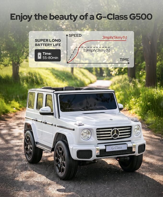 ELEMARA 2 Seater 24v Ride on Toys for Big Kids,Mercedes Benz G-Class G500 Kids Car,Toddler Electric Car w/Remote Control,Electric Vehicle to Drive,Bluetooth,Music& Horn,Low Battery Prompt,White