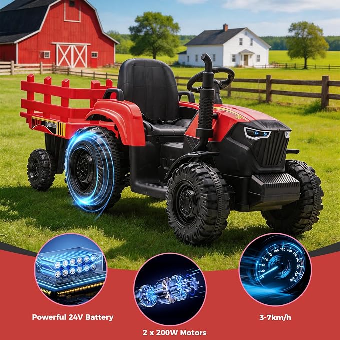 24V Kids Ride-On Tractor with Trailer, 400W Electric Farm Truck with Remote & Pedal Control, Headlights, USB MP3, Power Display, Adjustable Speeds, Safety Belt, Ride-On Toy Gift, Red