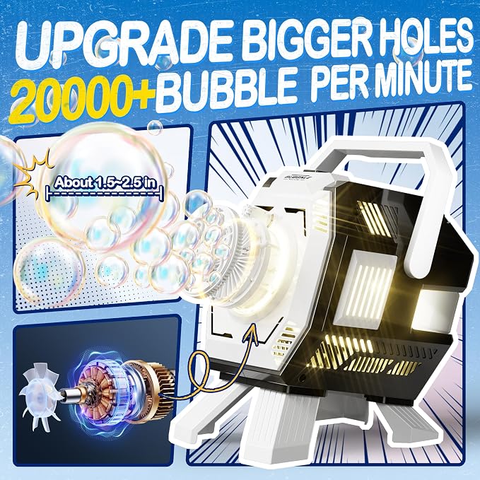 Bubble Machine for Kids with Lights, Big Bubble Maker, 320ml Large Tank, Easy-to-Use Battery Operated Bubble Blower with Bubble Solution for Parties, Birthdays, Indoor & Outdoor Play