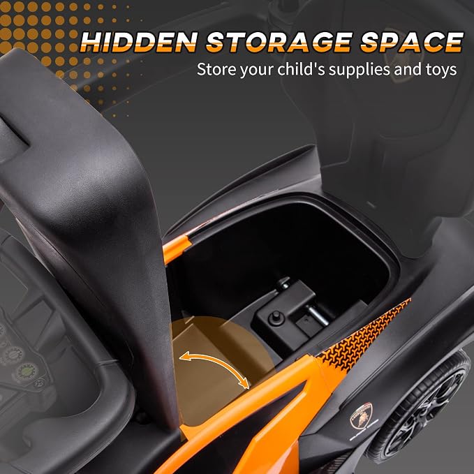 Aosom 2-in-1 Ride On Push Car for Toddlers 1-3, Licensed Lamborghini Stroller Sliding Car, Push-Along with Under Seat Storage Horn Engine Sound and Steering Wheel, Manual, Orange