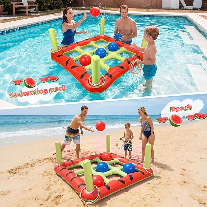 Pool Toys Games Set, 2 in 1 Giant Inflatable Pool Tic Tac Toe Game & Ring Toss with Combined Inflation & Water Filling Valve for Adults Kids Family, Shallow Water Beach Yard Activities