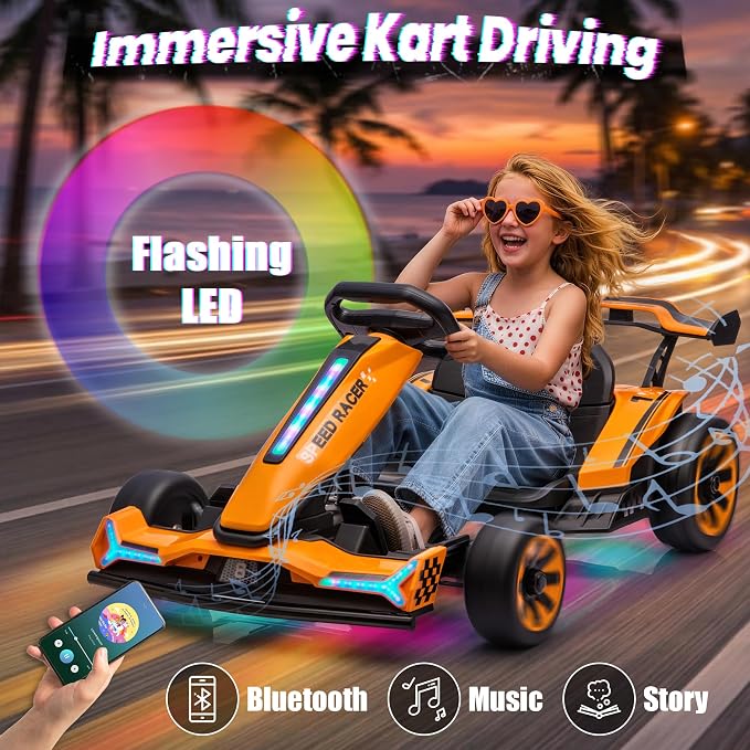 24V Electric Go Kart, Kids Drift Kart with Dual 400W Motors, Length Adjustable Seat, 8.2 MPH Max, 130LBS Max Load, Outdoor Ride on Toy Crazy Kart w/Bluetooth Music, Rainbow Light