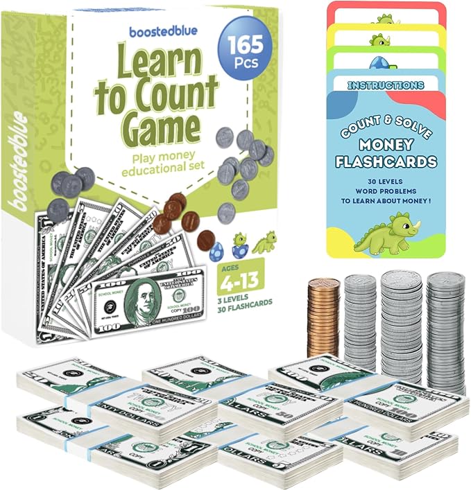 BOOSTEDBLUE Learn to Count Educational Play Money Game | 165 Piece Classroom Set | Ages 4+ | Paper Bills & Plastic Coins | Toy Money & Banking Play Set for Kids