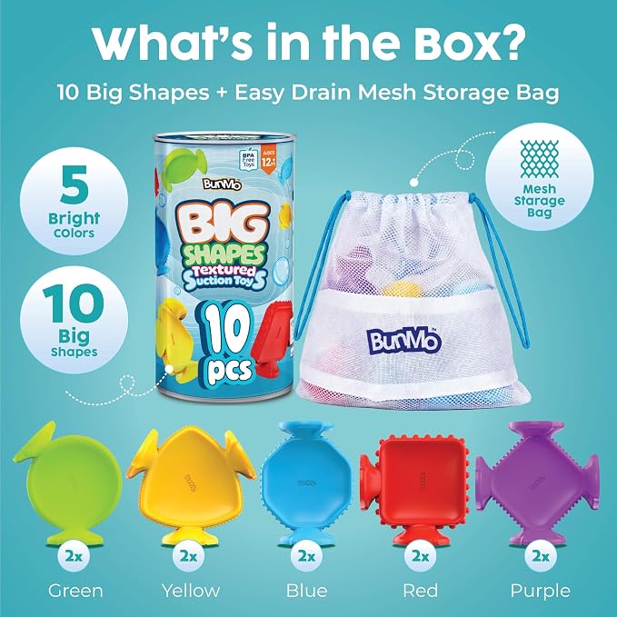 BUNMO Bath Toys for Toddlers - Connect, Build, Create - Suction Bathtub Toys - Hours of Fun & Creativity - Fine Motor Skills - Stimulating Sensory Toys - Babies Ages 1+ 2, 3 - Extra Large 10 Pack