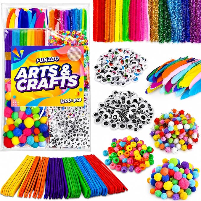 FUNZBO 1200pcs+ Craft Kits with Pipe Cleaners, Pom Poms for Crafts, Popsicle Sticks for Craft, Arts & Crafts Supplies for Kids Ages 4-8 Girls & Boys Birathday Gifts