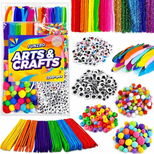 FUNZBO 1200pcs+ Craft Kits with Pipe Cleaners, Pom Poms for Crafts, Popsicle Sticks for Craft, Arts & Crafts Supplies for Kids Ages 4-8 Girls & Boys Birathday Gifts