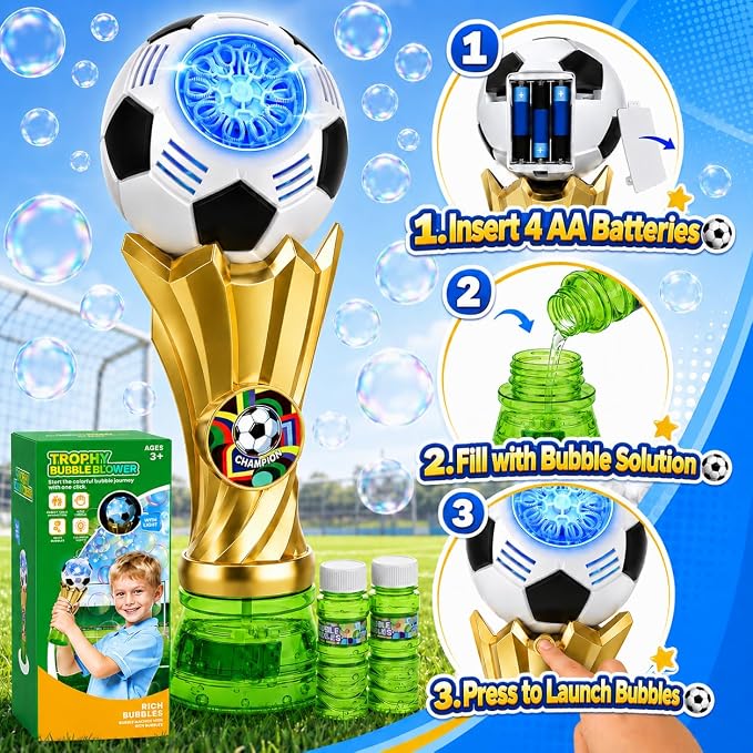 Bubble Machine for Kids, Light up Bubble Wands with 2 Solutions, Outdoor Toys for Kids Ages 3-5 4-8, Soccer Toys for Boys, Birthday Party Gift for 3 4 5 6 7 8 Years Old Boys and Girls