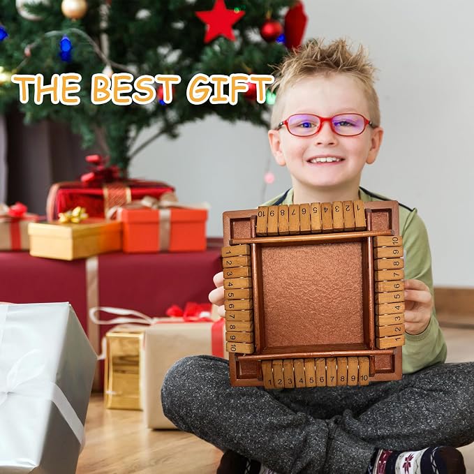 Shut the Box Wooden Board Game – 4 Player 1-10 Numbers Dark Wood Math Game with 8 Dice, Classic Strategy Game for Adults & Kids, Educational Family for Learning Addition, Classroom or Party Toy
