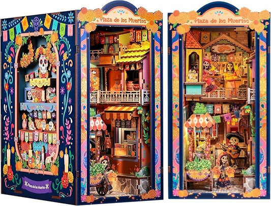 CUTEBEE Book Nook Kit - Mexican Fiesta DIY Miniature Dollhouse, Vibrant LED Bookshelf Decor Alley Model for Adults Teens, Gifts for Family and Friends（Plaza de Los Muertos）