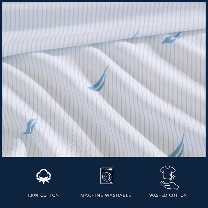 Nautica - King Sheets, Cotton Percale Bedding Set, Casual Home Decor (Boat Stripe Pale Blue, King)