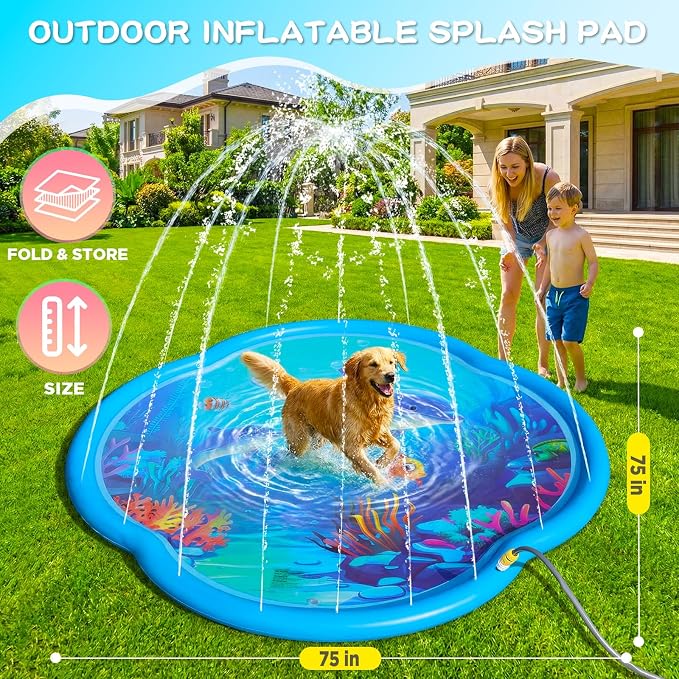Splash Pad Sprinkler for Kids & Dog, 75" Round Sea World Splash Pad for Toddler 1-3, Thicken Outdoor Water Toy Play Mat for Children, Backyard Inflatable Sprinkler Shallow Pool Fountain Pad