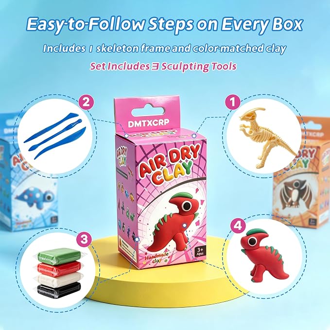 Air Dry Clay Dinosaur Kit for Kids, 12 Dino Skeleton Craft Set | 12 individual boxes, colorful materials, 3 sculpting tools, step-by-step guide, STEM party favors and birthday activity