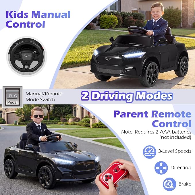 Costzon Ride on Car, 12V Licensed Ford Mach E Kids Electric Vehicle with Parent Remote, LED Lights, Horn, Music, Wireless Connection & Spring Suspension, Kids Car Toy for Girls Boys (Deep Black)