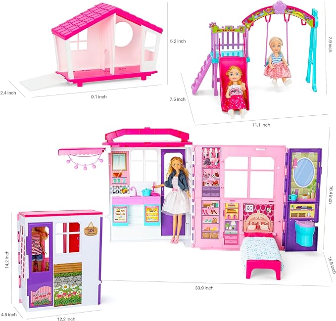 Style Shine Doll House Portable & Foldable Dollhouse w/ 60+ Pcs & 2 Dolls, Play House Toy with Bedroom Bathroom Kitchen Furniture Playset, Playhouse Gift for Girl Kid Toddler