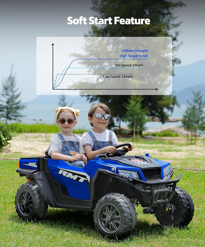 ELEMARA 24V Ride on Toy for Big Kid,Ride on Car 2 Seater w/Sun Shade,Dump Bed & Shovel,4.5MPH,4WD Electric Car for Kids,Battery Car w/Remote,Kids Ride on Truck,3 Speed,LED Lights,Bluetooth, Sapphire