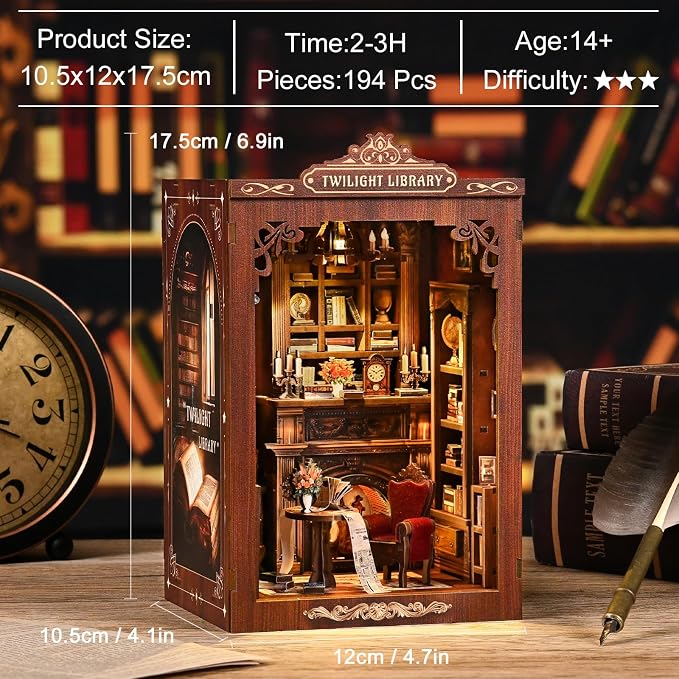DIY Miniature House Kit, Library Book Nook Kit, 3D Wooden Puzzles Bookshelf Craft Kits, Dollhouse Kit with LED Light, Mini Building Kit for Adults Teen to Build (Twilight Library)