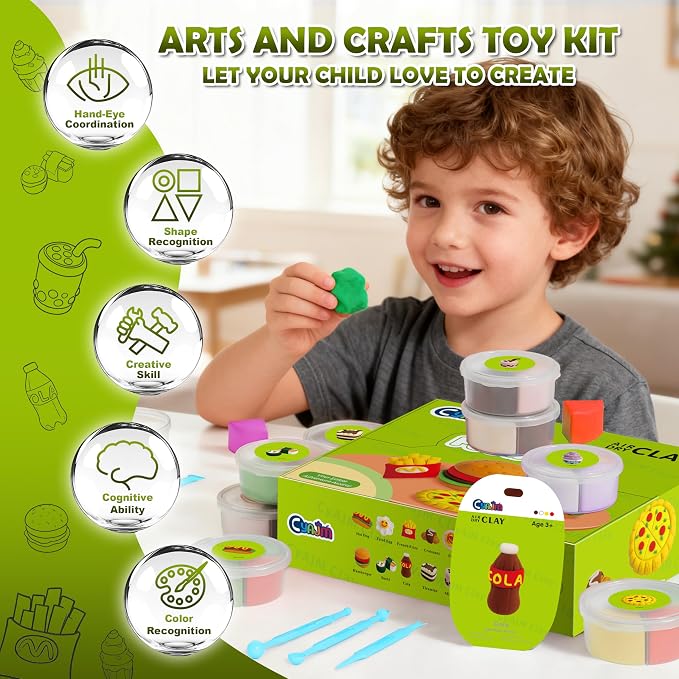 CyaJm Air Dry Clay Food Toy Kit - 12 Fast Food Themed Individual Clay Packs, Non-Toxic Ultra-Light Air Drying Modeling Clay with Tools & Guide, DIY Craft Gift for Kids Boys Girls Ages 3+