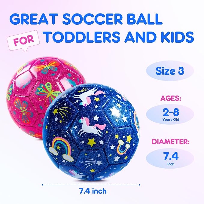 INPODAK Soccer Ball Size 3 Size 2 for Toddlers Kids 1-3 3-8, 1 or 2 Pack Cartoon Small Dinosaur Unicorn Soccer Ball Gifts for Girls Boys, Indoor Outdoor Sports Play Toys Birthday Gifts with Pump