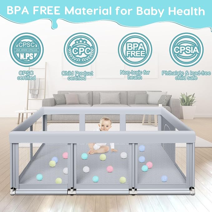 Fshibila 74" ×50" Large Baby Playpen, Baby Playard for Babies and Toddlers, PlayPen for Indoor & Outdoor, Sturdy Safety Play Yard with Soft Breathable Mesh, Anti-Fall, Ball x 18, Handle x 2, Grey