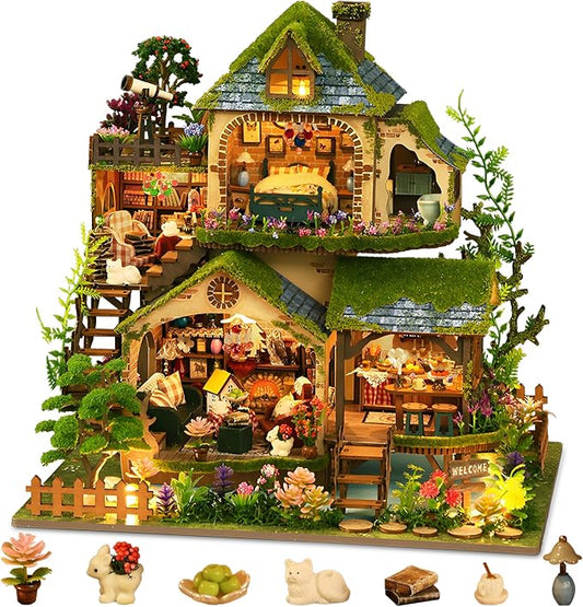 DIY Miniature House Kit, Victorian Dollhouse Kit, 3D Wooden Puzzles Bookshelf Craft Kits, Mini Doll House Building Kit for Adults Teen(Forest Cottage)